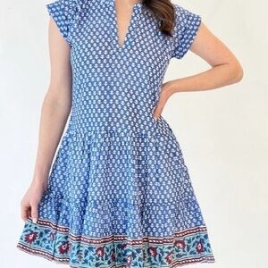 Oliphant Blue and White Floral Ruffle Roll Sleeve Pleated Mini Dress Size Small